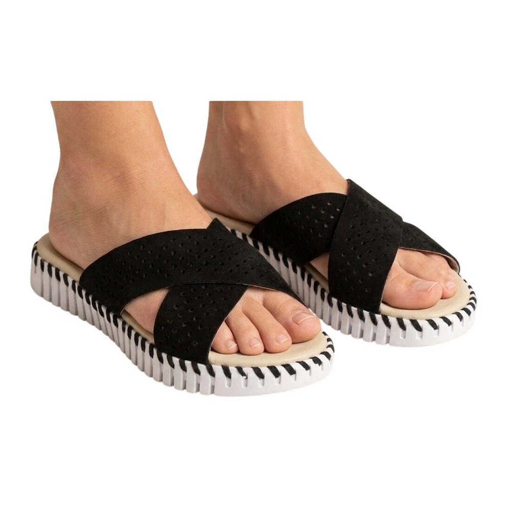 Ilse Jacobsen Tulip Black Laser Cut Cross Strap Slide Sandals Size 42 US 11